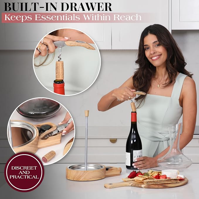 Gusto Nostro Crystal Wine Decanter Set with Drying Stand, Corkscrew, Marble Stopper, Cleaning Beads - 750ml Hand Blown Glass Wine Carafe Decanter with Stopper - Luxury Gift Set for Decanting Red Wines