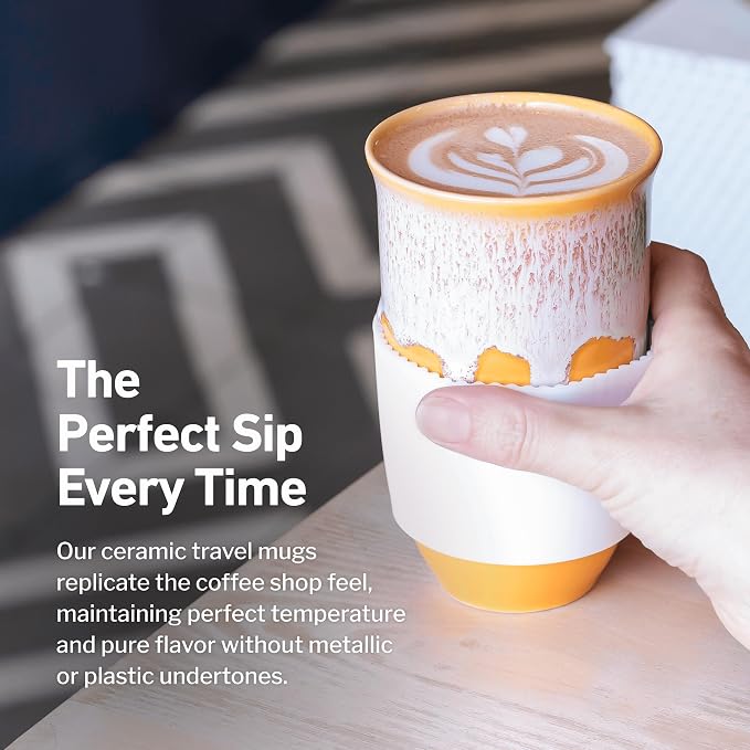 NOVA CERAMICS Ceramic Tumbler– Ceramic Travel Mug With Lid – Microwave & Dishwasher Safe Coffee White & Orange Tumbler - Gifts For Women Men Him Her – 16oz – Grapefruit