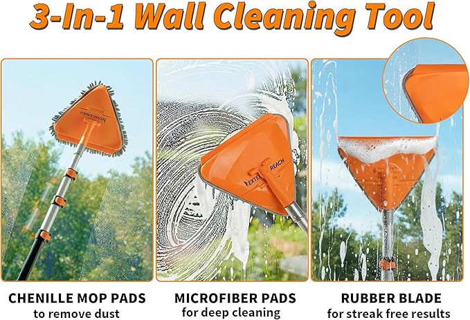 4-12 ft Wall Cleaner Tool with Extension Pole // 3-in-1 Wall Washer Mop for Painted Walls, Baseboards, Windows and High Ceilings // Long Handle Wall and Baseboard Cleaning Mop with 4 Replacement Pads