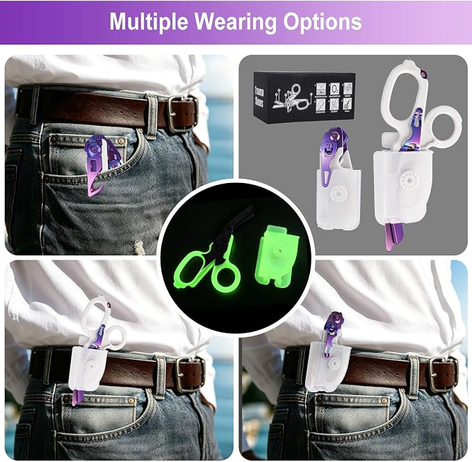 Leepenk 5PCS 6 in 1 Multi-function Trauma Shears with Strap Cutter and Glass Breaker, with Luminous Holster(Luminous Purple)