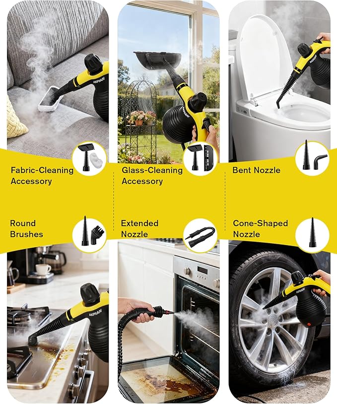 Handheld Steam Cleaner, 1050W Multipurpose Portable Steamer Cleaning with 10 Accessories, Chemical-Free High Pressure For Tile, Grout, Floor, Kitchen, Bathroom, Windows