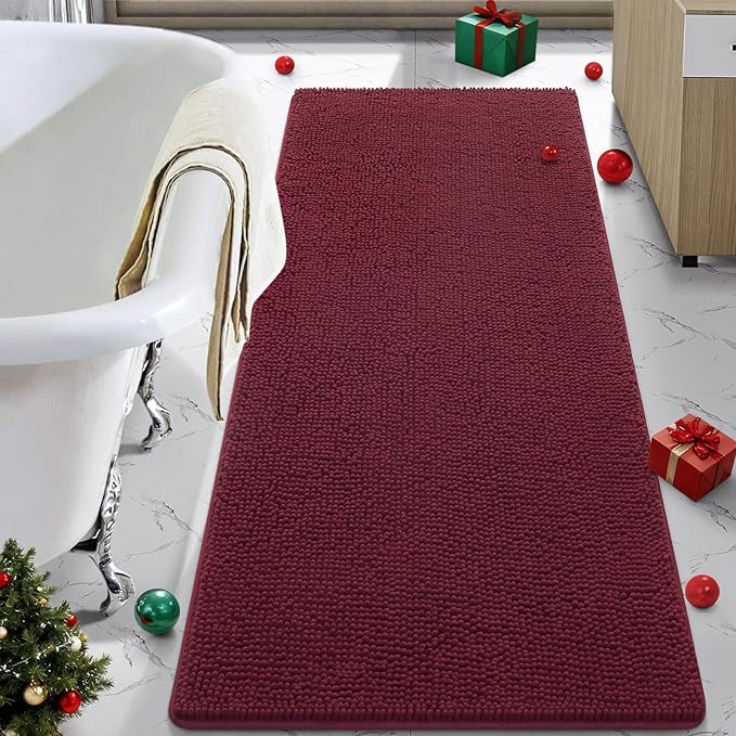 LOCHAS Luxury Bathroom Rug Shaggy Bath Mat 24 x 60 Inch, Burgundy | Washable Non Slip Bath Rugs for Bathroom Shower, Soft Plush Chenille Absorbent Carpets