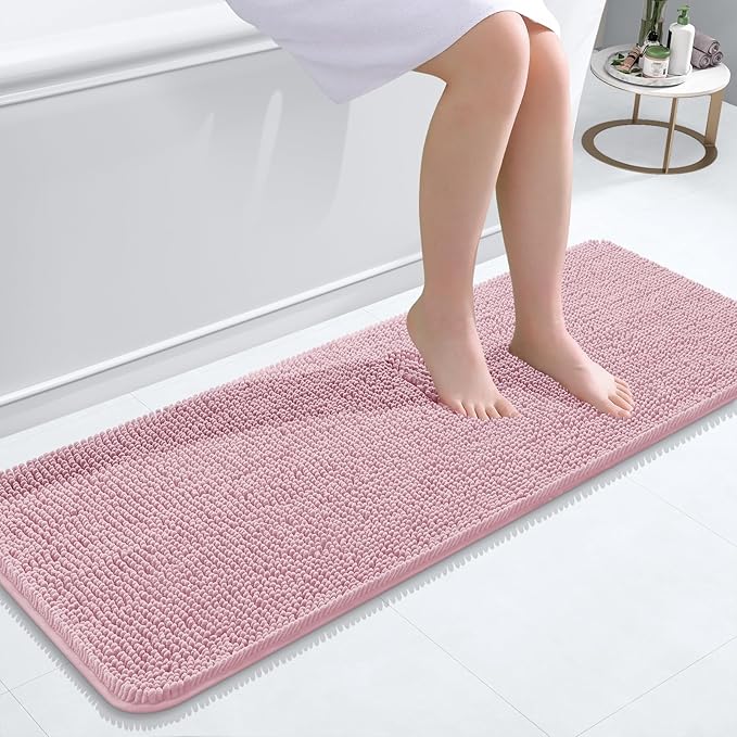 OLANLY Bathroom Runner Rugs 47x17, Soft Absorbent Chenille Bath Rugs, Rubber Backing Quick Dry, Machine Washable Long Bath Mats for Bathroom Floor, Tub and Shower, Home Decor Accessories, Dusty Rose