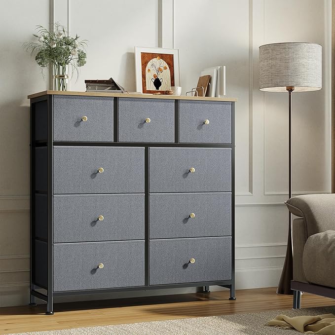 OLIXIS 9 Drawer Storage Dresser with Wood Top - Wide Fabric Chest Organizer for Bedroom, Closet, Living Room,Tower Cabinet, TV Stand, Hallway Entryway Furniture,Gray Blue