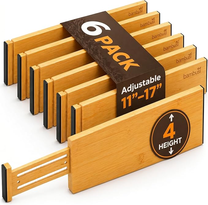 6 Pack Bamboo Drawer Dividers - 4 Inch High, Adjustable 11.5 to 17 Inch Expandable Kitchen Drawer Organizer, Spring Loaded Dresser Separator for Utensils, Clothes, Bedroom, Bathroom, Nursery, Office