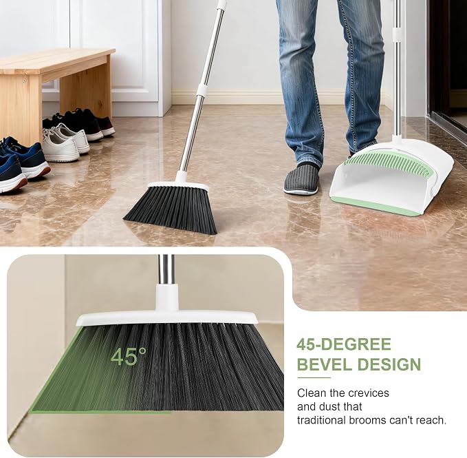 Broom with Dustpan Combo Set for Home, 52-in Long Adjustable Handle Angle Broom and Dustpan Set with Dustpan Comb Teeth for Sweeping Pet Hair Food Dirt Kitchen (White-Green)