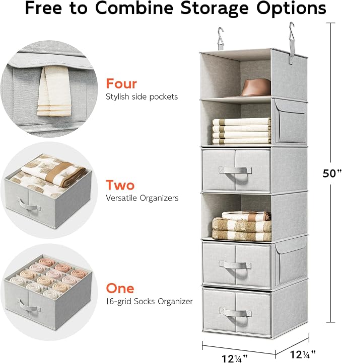 Vailando 6-Shelf Hanging Closet Organizer with 3 Drawers, Closet Hanging Shelves with Removable Fabric Drawers for Wardrobe, Nursery & Dorm Storage, Silver Gray