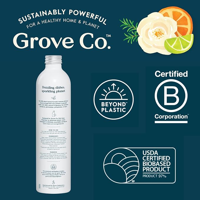 Grove Co. Dish Soap, 3 x 16 fl oz Refills + Refillable Glass Dispenser | Lavender Blossom & Thyme; Plastic-Free; Reusable dispenser; Refill format; Removes Stuck on Food; 98% plant-based ingredients