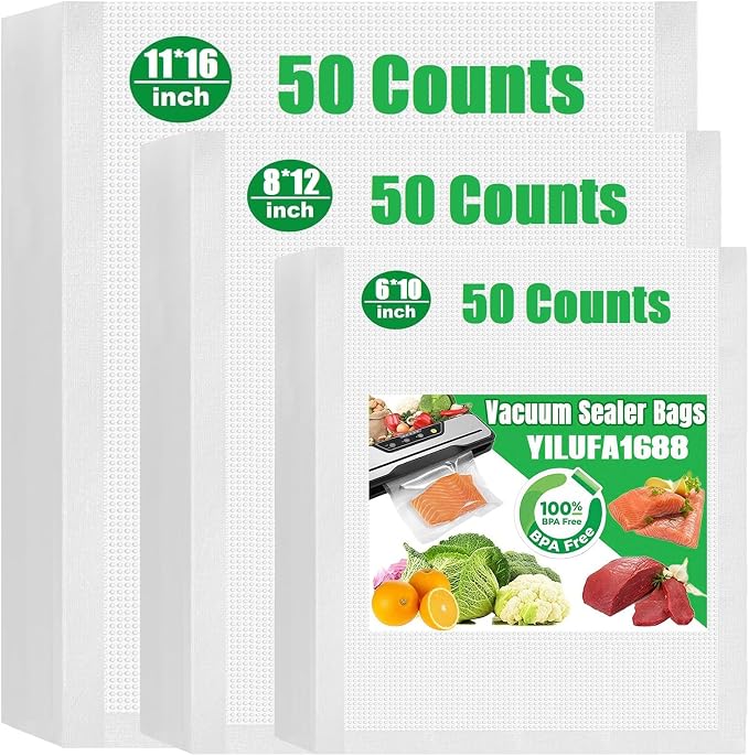 150 Pcs Vacuum Sealer Bags for Food Saver Freezer Bags 50 Quart 6"x10", 8"x12", 11"x16" Pre Cut Food Storage Commercial Grade Vacuum Seal Sous Vide Cooking Bags Airtight Heavy Duty BPA Free