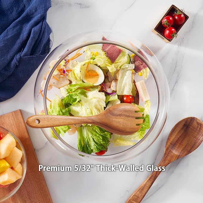 Large Glass Salad Bowl Set - 4.5 Quart Mixing Bowl With Acacia Wood Base And Serving Utensils, 5/32 Inch Extra Thick Wall, Decorative Fruit Bowl - Kitchen Must-Have