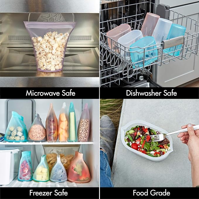 Zip Top Reusable Food Storage Bags | Large Dish [Teal] | Silicone Meal Prep Container | Microwave, Dishwasher and Freezer Safe | Made in the USA