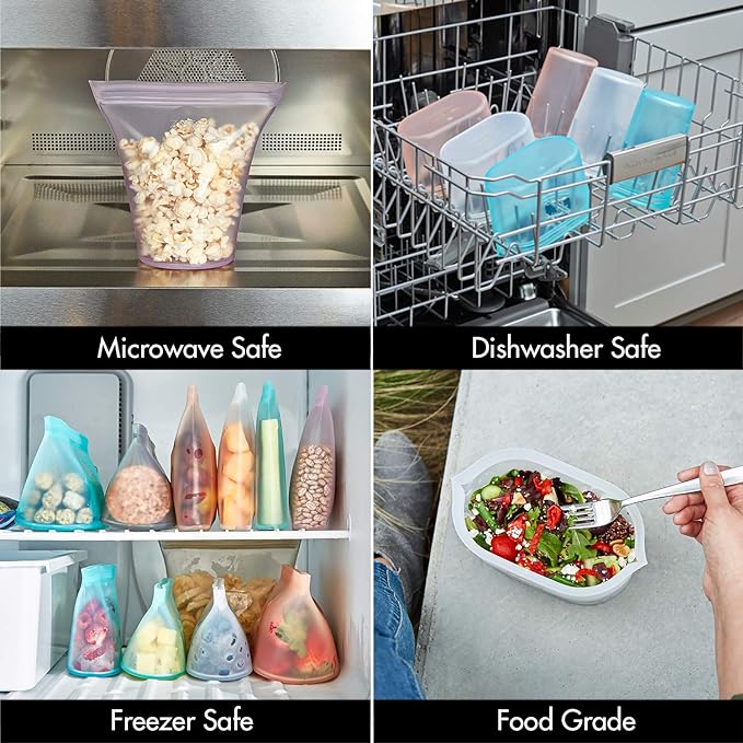 Zip Top Reusable Food Storage Bags | Large Dish [Gray] | Silicone Meal Prep Container | Microwave, Dishwasher and Freezer Safe | Made in the USA