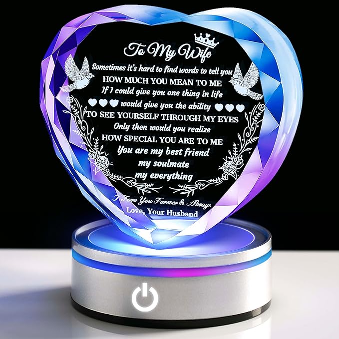 Gifts for Wife with LED Base, Romantic Crystal Keepsakes Presents for Wedding Valentines Day Christmas, Anniversary Birthday Gift for Women from Husband