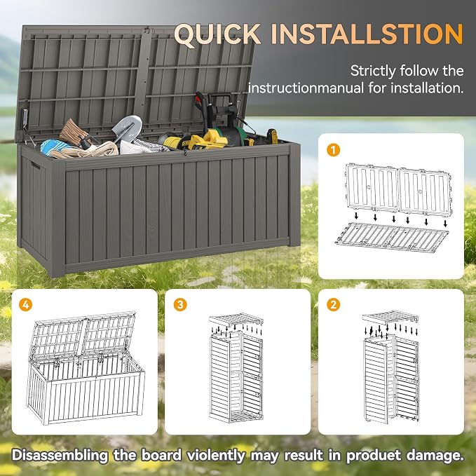 Outdoor Storage Box, 230 Gallon Large Outdoor Resin Deck Box, Storage Waterproof Boxes Lockable Lid for Garden Tools, Pool Supplies, Patio Furniture and Cushions, Grey