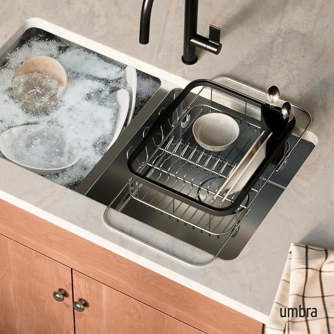 Umbra Sinkin Dish Drying Rack, in Sink or on Counter Drainer, Black/Nickel | Durable steel wire frame, rubber coated feet, low profile design, plastic base