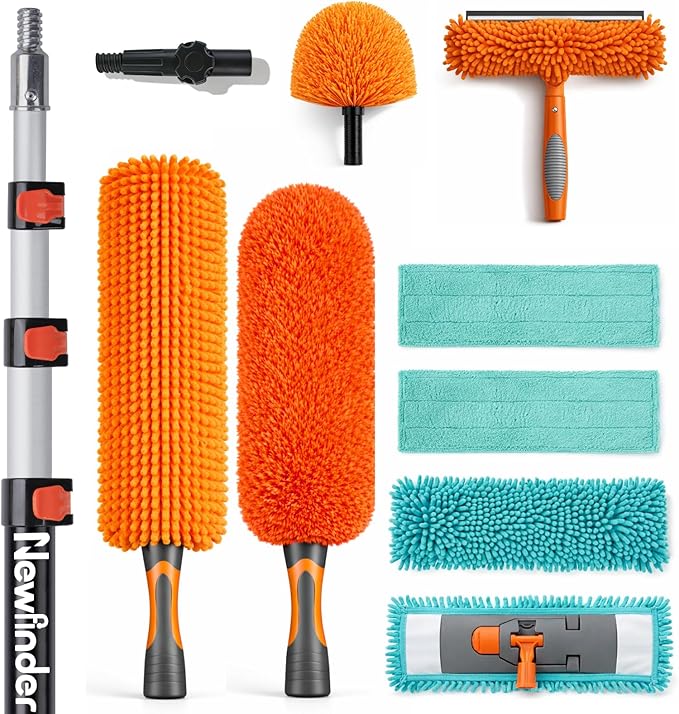 7-in-1 High Ceiling Duster Kit with 4-12ft Extension Pole, Ceiling Fan Duster, Cobweb Duster, Microfiber Duster, Window Cleaner & Squeegee, Wall Mop, 20ft Reach Duster with Extension Pole
