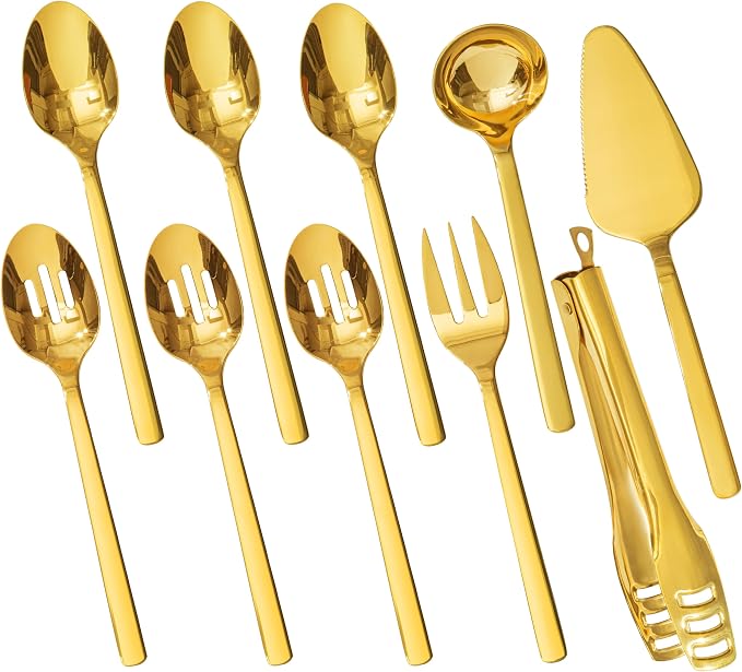 18/10 Large Hostess Gold Serving Utensils,Stainless Steel Serving | Heavy Duty Serving Set, 10 inch Serving Spoons, Slotted Spoons, Forks, Tongs, Cake Pie Server for Buffet, Wedding, Parties