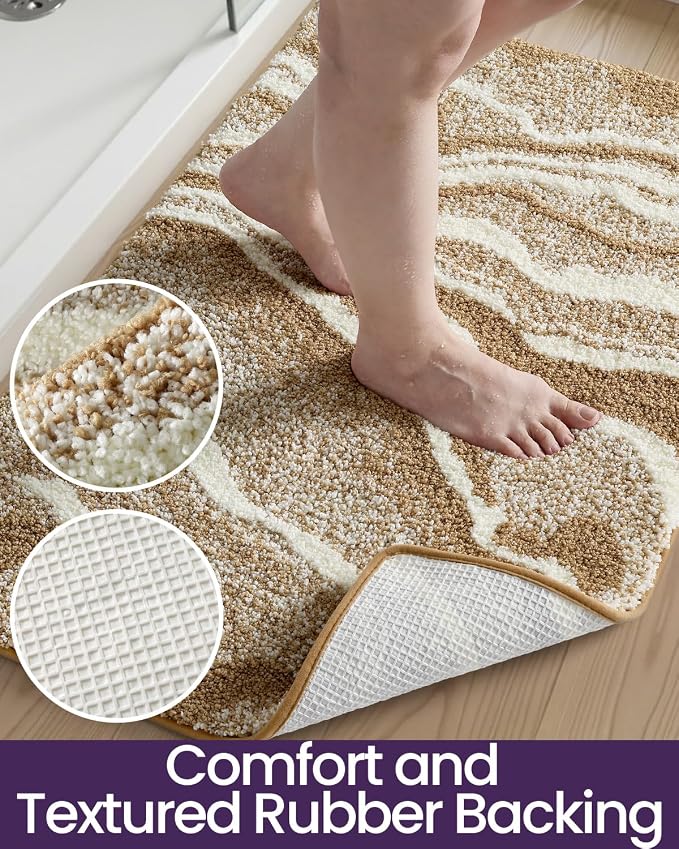 DEXI Bathroom Rug Mat 32x20, Soft and Absorbent Marble Bath Mat, Non Slip Machine Washable Bath Rugs for Shower Floor, Tub, Sink, Dark Beige