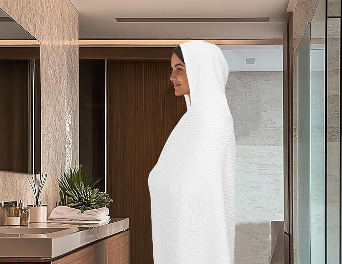 COTTON CRAFT Hooded Bath Towel for Adults – 100% Cotton Waffle Weave Towel | Oversized 35 x 70 inches Ringspun Terry Bath Sheet Wrap with a hood - Soft Super Absorbent Quick Dry – 450 GSM – White