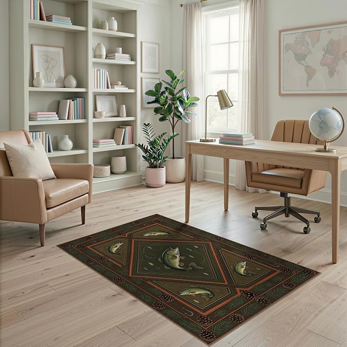 4'x6' Washable Area Rug Bass Lure Cabin Pinecone Hook Border Tackle Motif Fish Fishing Refined for Playroom, Bedroom, Reading Nook, Pet Friendly & Non-Slip