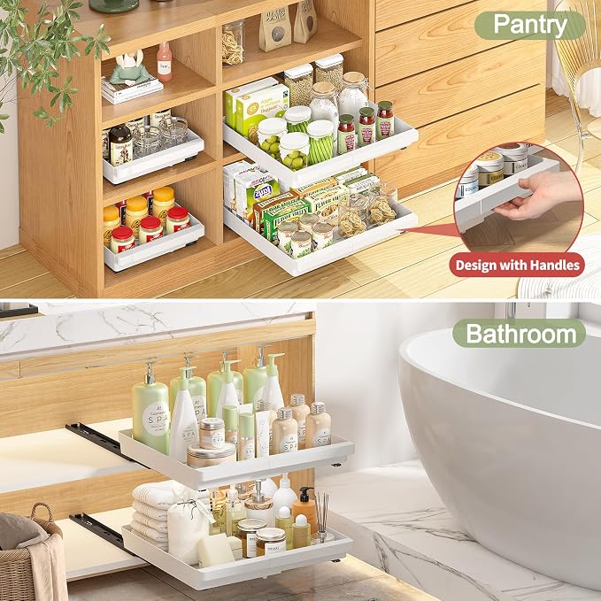 4 Pack Pull Out Cabinet Organizers Expandable (11.6''-17.5''), Plastic Slide Out Drawers for Kitchen, Bathroom, Pantry, Under Sink Storage, Pull Out Drawers Fixed with Adhesive Nano Film (White)