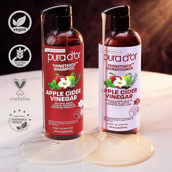 PURA D'OR Apple Cider Vinegar Thin2Thick Set Shampoo Conditioner for Regrowth, Hair Loss, Clarifying, Detox (2 x 16oz) Biotin, Keratin, Caffeine, Castor Oil, All Hair Type, Men/Women