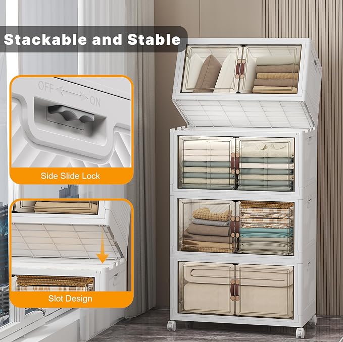 Stackable Storage Bins, 896QT Collapsible Drawers with 2 Lids | Large Capacity, Magnetic Door, Stack Lock, Rolling Wheels, Foldable Design, Organizers and Storage for Bedroom Dorm Garage