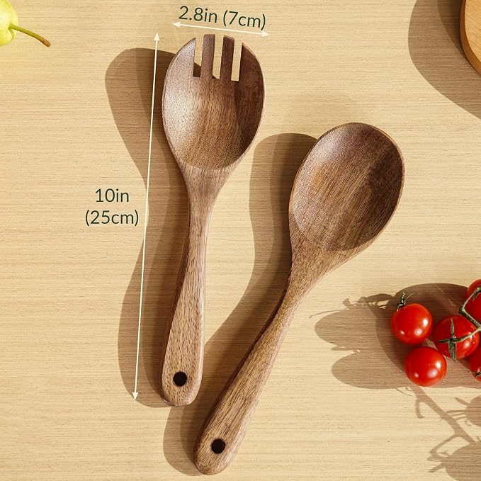 NiHome Glass Salad Bowl Set, Large Serving Bowl with Wood Utensils | Acacia Wood, Separate-Piece Ribbed Design for Easy Dishwasher Cleaning, Versatile for Pasta, wine & Snacks at Gatherings