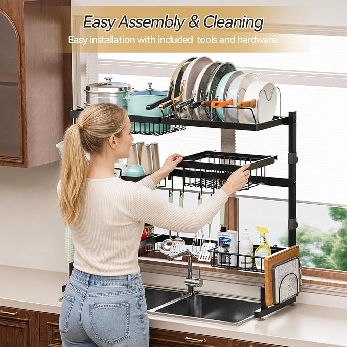 ADBIU Over Sink Dish Drying Rack (Expandable Height/Length) Snap-On Design Large Dish Drainer Storage Counter Organizer 32-40L x 12W x 34-38H (inches)