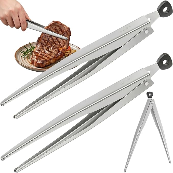 Stainless Steel Tongs 2-Pack, 11-inch Pull-Ring Locking Cooking Tongs with Non-Slip Precision Serrated Tips, Food Grade Heavy Duty Grill Tongs for BBQ, Air Fryer, Bacon, Steaks, Cooking