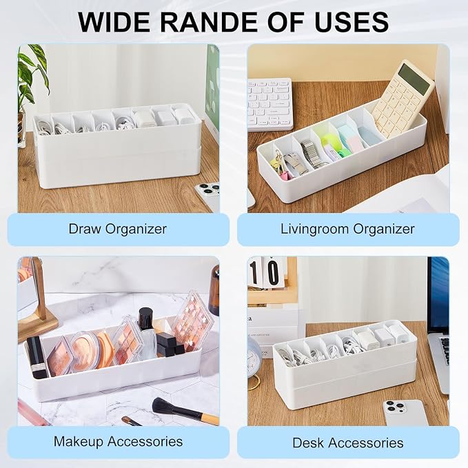 Tatuo 2 Pcs Cable Organizer with 20 Wire Ties, Plastic Cord Storage Charger Electronics Box with Adjustment Compartments for Drawer Home Office Desk Accessories (White)