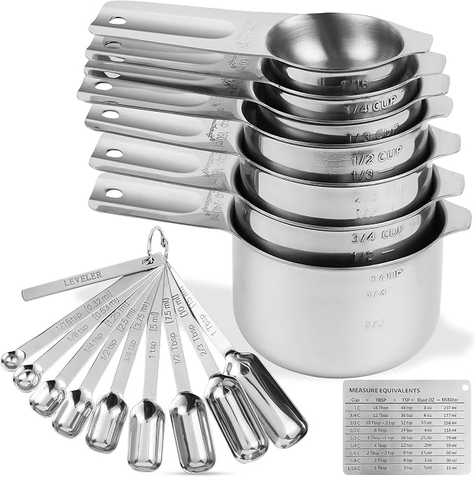 Measuring Cups and Spoons Set, Stainless Steel Measuring Cups Set, Dry 7 Measurer Cups 9 Measurement Spoons with Leveler & Measure Enquivalents for Kitchen & Baking Nesting Measuring Tools