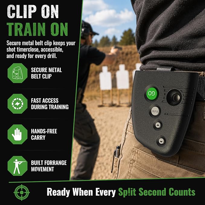 Shot Timer for Shooting Competition– Loud 110dB Buzzer, Par & Split Times, Belt Clip, Ergonomic Design & Battery Not Included – Helps Improve Your Training (Green)