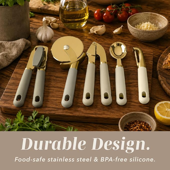 COOK WITH COLOR 6-Piece Kitchen Tool Set with Acacia Wood Cutting Board, Can Opener, Pizza Cutter & Prep Essentials, Brown Ombre