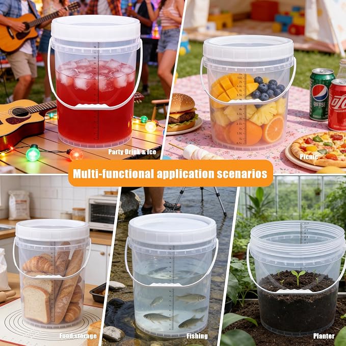 5 Gallon Bucket with Lid & 2.6 Gal Plastic Food Storage Containers, 5 Pack Clear Buckets with Lids, Food Grade Pail for Ice Cream, Dog Food, Water, Large Quart Container with Handle