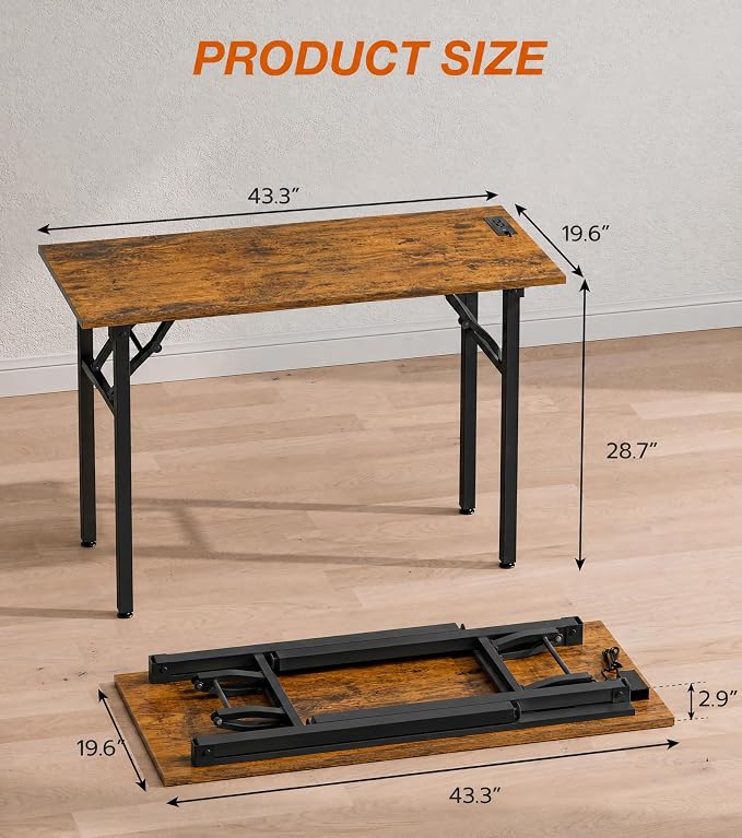 XBurmo Small Folding Desk Folding Table, No Assembly Foldable Desk Gaming Desk, 43.3-Inch Computer Table Workstation with 2 AC Outlets and 2 USB Ports for Bedroom and Home Office, Rustic Brown