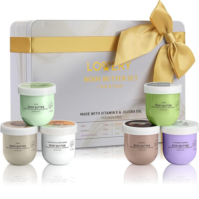 Body Butter for Women Gift Set – 6 Whipped Body Creams W Shea Butter, Jojoba Oil & Vitamin E, Deep Moisturizing Body Lotion Collection, Coconut, Aloe, Olive, Shea, Lavender Jasmine, Almond Milk Honey