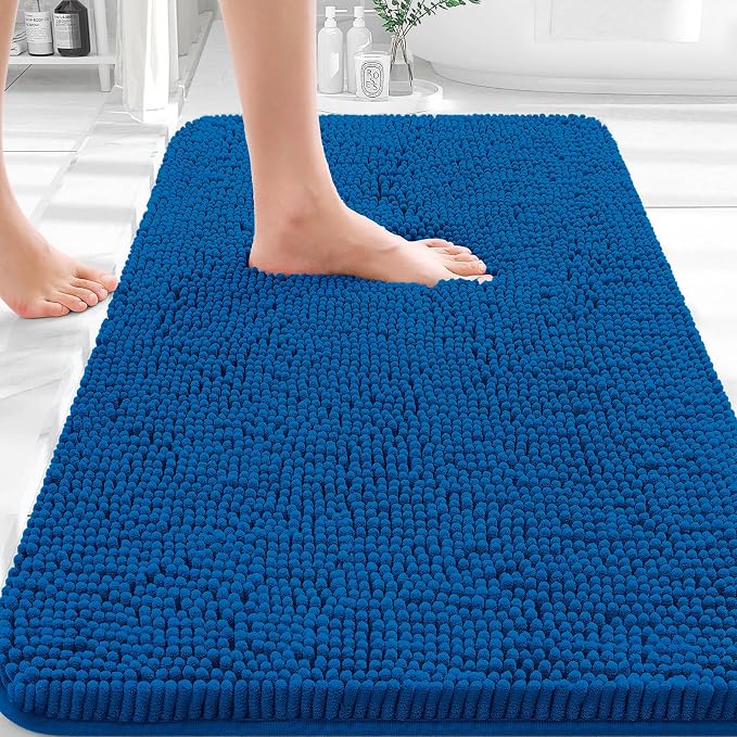 OLANLY Bathroom Rugs 30x18, Extra Soft Absorbent Chenille Bath Rugs, Rubber Backing Quick Dry, Machine Washable Bath Mats for Bathroom Floor, Tub and Shower, Home Decor Accessories, Deep Navy Blue