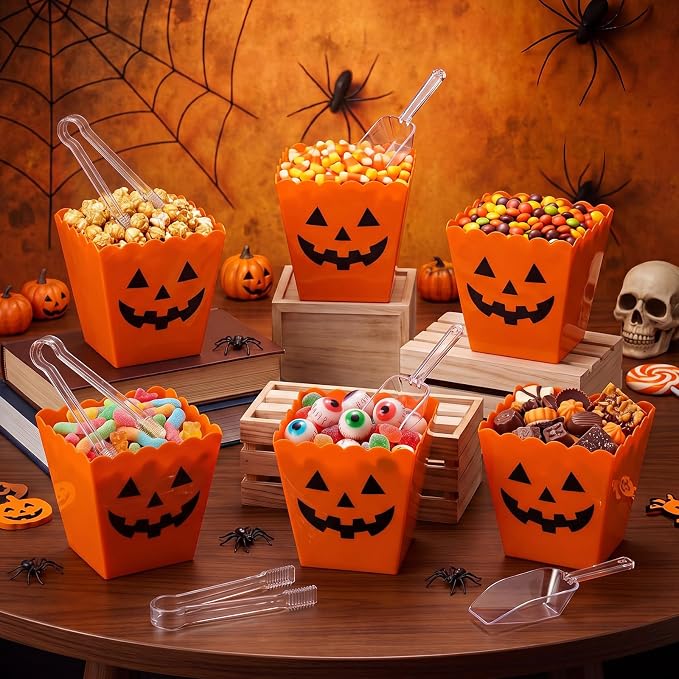 61 oz 6 Halloween Candy Bar Containers with 3 Tongs and 3 Scoops | Candy Bar Supplies, Reusable Plastic Spooky Pumpkin Serving Bowl, Candy Buffet Station Party Supplies, Dessert Snack Box