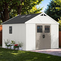 Greesum 10X10FT Plastic Outdoor Storage Shed with Floor and Lockable Door, Resin Sheds with 4-Windows and Multiple Skylights, HDPE Kick-it Shed for Garden, Patio, Backyard, Beige