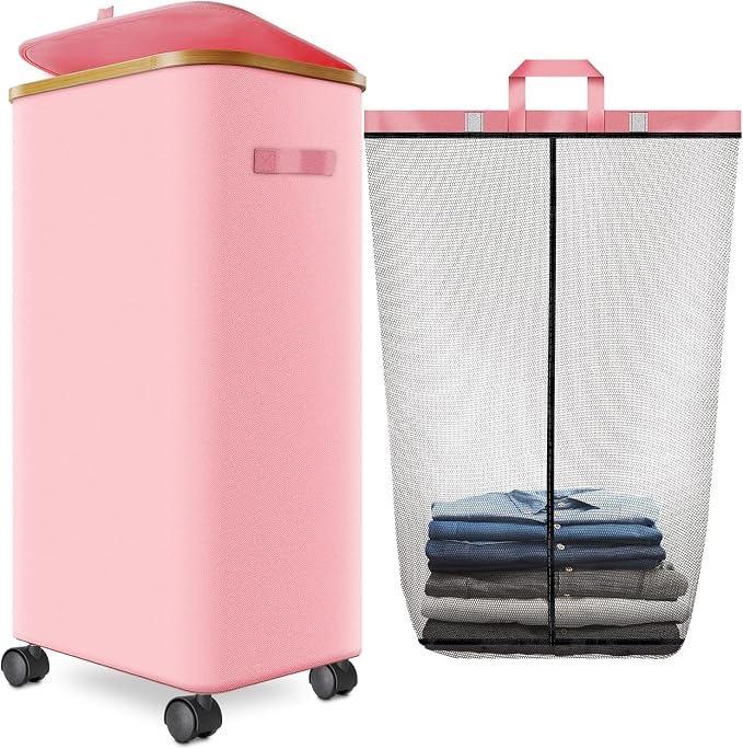 Laundry Hamper with Wheels,29 Gal (110L) Laundry Basket with lid Rolling Clothes Hamper Foldable Dirty Clothes Basket on wheels with Bamboo Frame and Bag for Bedroom, Dorm, Laundry Room