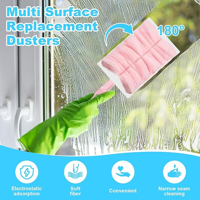 Mimorou 100 Pcs Disposable Dusters Refills Bulk Heavy Duty 180° Multi Surface Replacement Dusters for Cleaning Ceiling Fan with Microfibers Unscented (Pink Color)