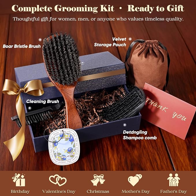 Boar Bristle Hair Brush Since 1965 British Craftsmanship, Handmade Natural Wooden Slick Back Hairbrush/Beard Brush, Pure Soft Bristles Gentle Detangling Women Men Kids Thin Fine Hair, Smooth & Shine