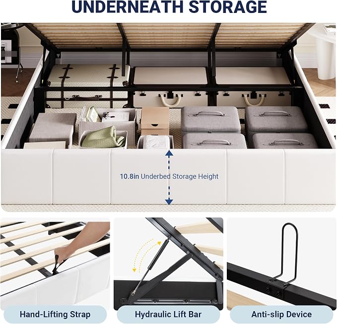 Allewie King Size Velvet Lift Up Hydrualic Storage Bed Frame, White | Vertical Channel Tufted Headboard, Hydrualic Underneath Storage, Upholstered Platform Bed, No Box Spring Needed
