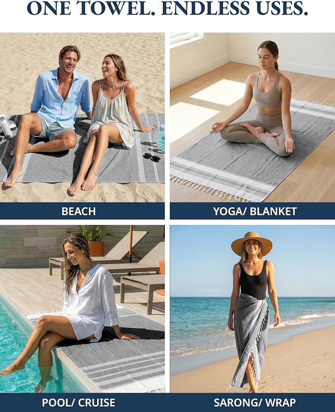 LANE LINEN Beach Towel, 2 Pack Beach Towels Oversized, 39"x71", XL - Ebony | Quick Dry Pool Towels for Adults - Absorbent Sand Free, Vacation Essential - Machine Washable, Travel & Camping, Extra Large