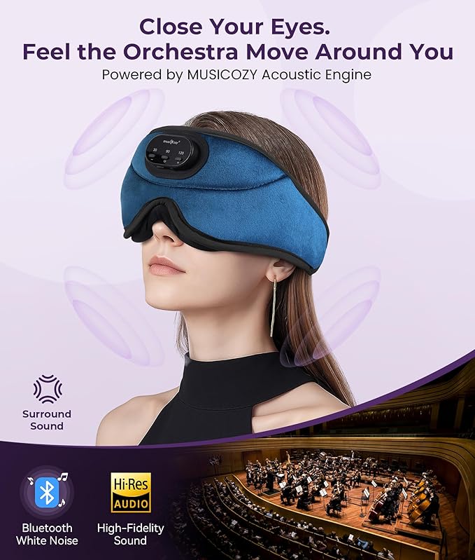 MUSICOZY 3D Bluetooth Sleep Mask with Headphones and Timer, Wireless Sleep Headphones for Side Sleepers, Eye Mask with Bluetooth Headphone, Unique Gifts for Men Women, Blue