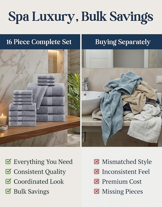 LANE LINEN Towel Set for Bathroom 16 Piece Soft Absorbent - Cool Grey | Towels And Washcloths Sets - Oversized & Roomy, Lightweight & Breathable, Fade-Resistant Color, Classic Terry Weave