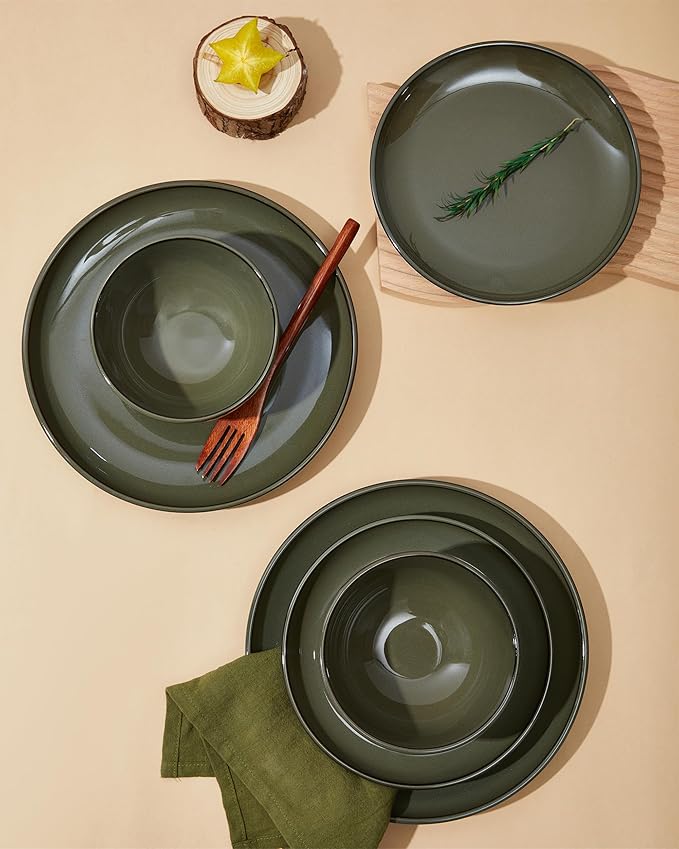 Pokini 18 Piece Dinnerware Set for 6, Reactive Glaze Terracotta Plates and Bowls Set, Large Family-Sized Stoneware Dish Set for Gatherings, Chip and Scratch Resistant, Blackish Green
