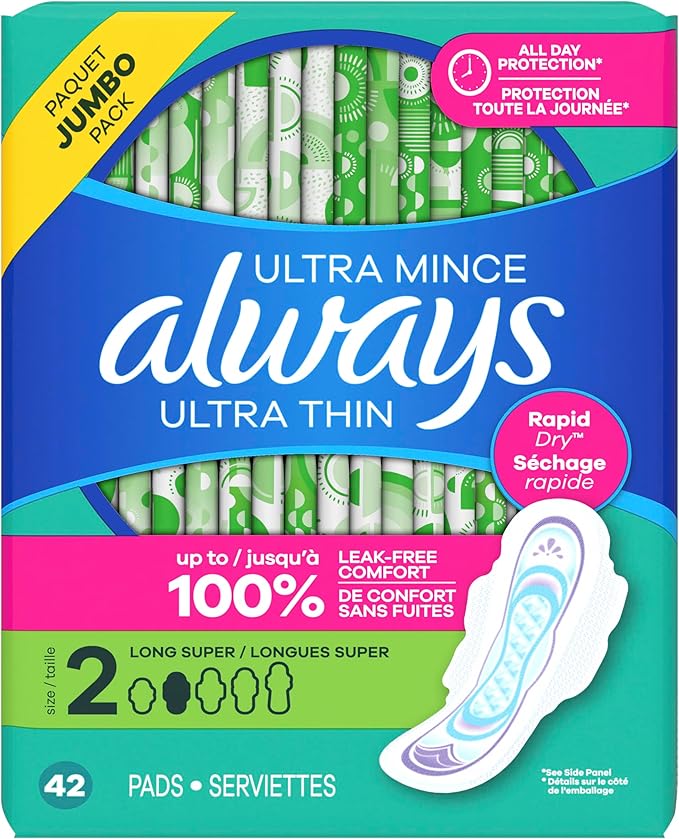 Always Ultra Thin Pads with Wings, Size 2, Long Super, 42 Count