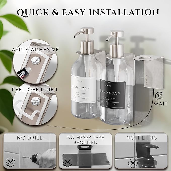 Shower Shampoo Dispenser Wall Mounted – 3 Refillable 16.9 oz Clear Bottles with Stainless Steel Pumps & No-Drill Adhesive Holders – Soap Dispenser Set for Bathroom (3 X Clear/Silver)